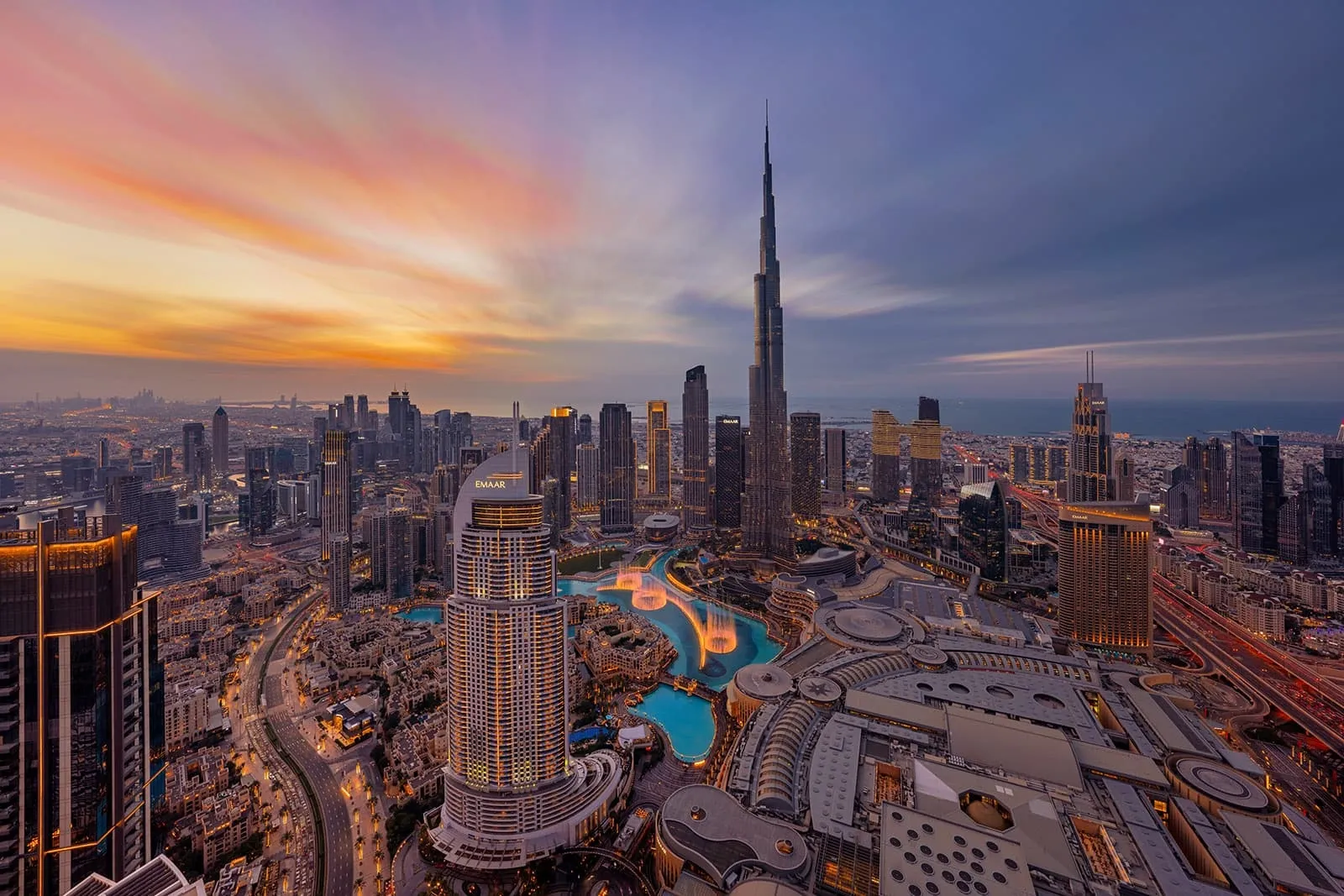 Dubai skyline with Burj Khalifa at sunset